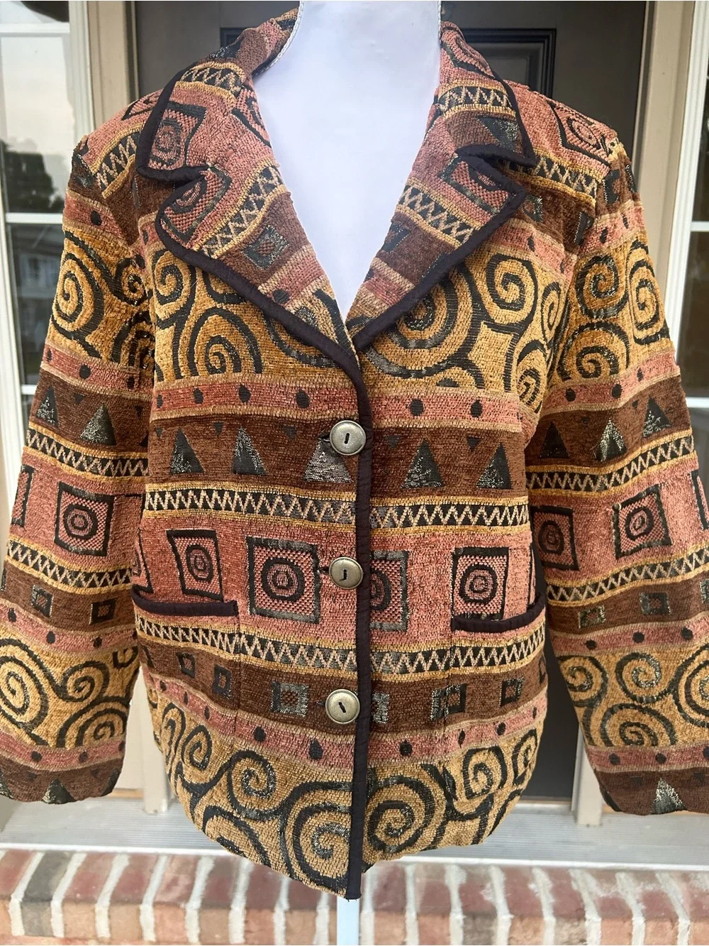Vintage 90s Brown Tan Woven Tapestry Button Front Jacket Western S M